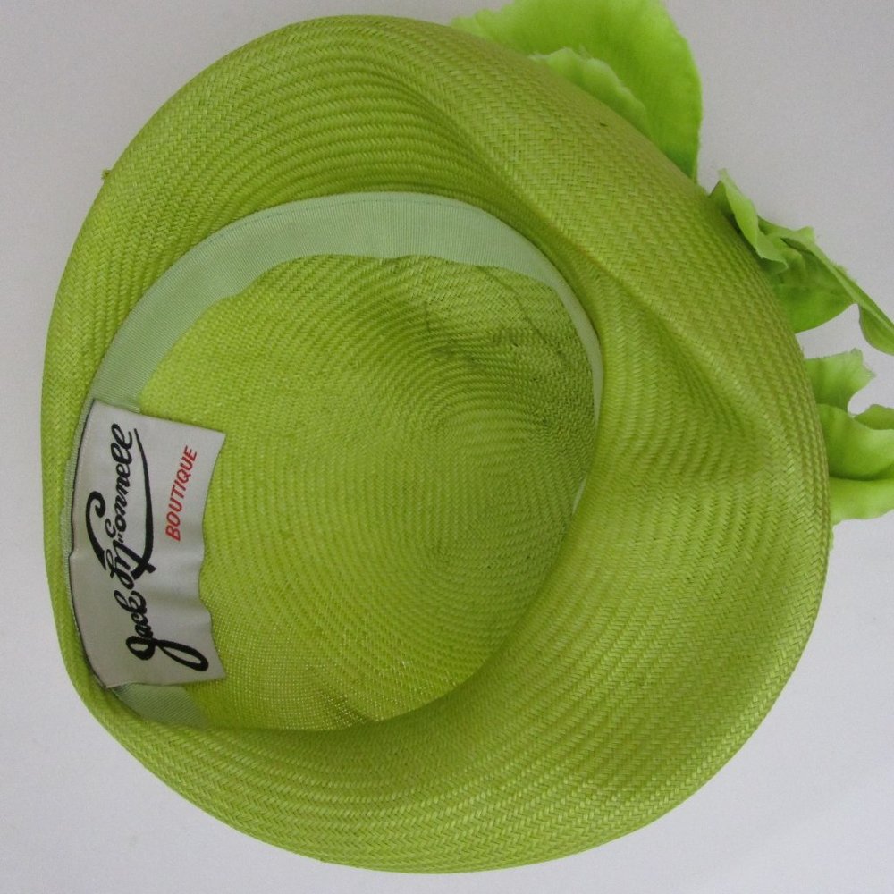 Jack McConnell Chartreuse Straw Hat Molded Torque Silk Orchid Church Percher - Picture 7 of 8
